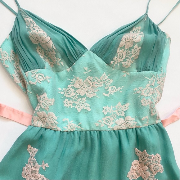 🌺SOLD🌺 90s Betsey Johnson SILK New York Chiffon Green Babydoll Slip Dress 8 - Picture 4 of 12
